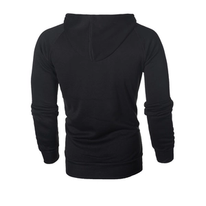 Rear view of black fleece hoodie with raglan sleeves and ribbed cuffs and hem details
