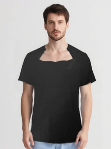 Detail of adaptive snaps on black post-surgery recovery shirt shoulder and neckline