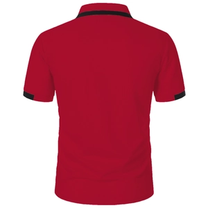 Detail view of red cotton polo shirt back with black striped collar and cuffs