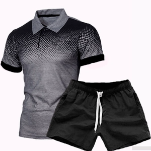 Detail of men's polo set featuring gradient honeycomb pattern and drawstring shorts