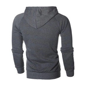 Rear view of dark grey men's fleece hoodie with jacquard texture and ribbed hem