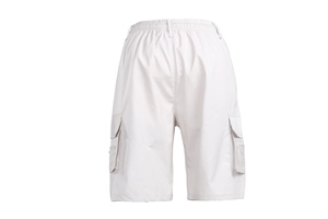 Detail view of men's cargo shorts featuring back utility pockets and elastic waistband