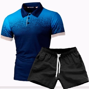 Macro detail of the gradient blue polo shirt fabric and black athletic shorts set