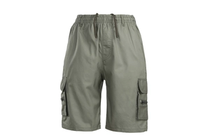 Detail of olive green cargo shorts featuring elastic drawstring waist and large flap pockets