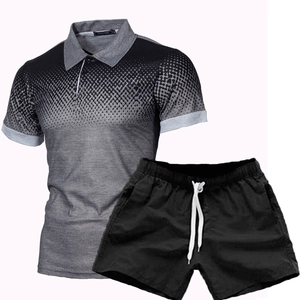 Detail view of 3D gradient polo shirt with geometric patterns and matching black shorts