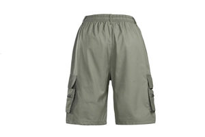 Rear view of army green cargo shorts with elastic waist and large utility pockets