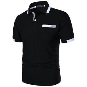 Detailed close-up of black polo shirt collar with white and grey striped contrast details