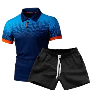 Detailed close-up of blue gradient 3D print polo shirt set with black athletic shorts