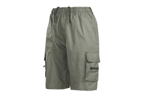Detailed view of cargo shorts with elastic drawstring waist and side zip pockets