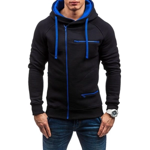 Herren Slim Fit Sport-Hoodie in Schwarz mit blauem asymmetrischem Reißverschluss