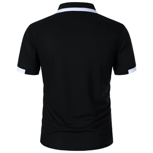 Rear view of black polo shirt with white contrast stripes on collar and sleeves
