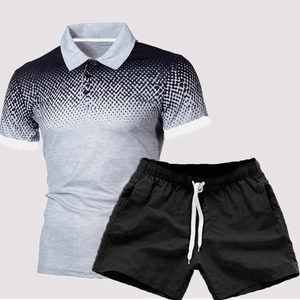Men's gradient 3D print polo shirt and drawstring shorts set for casual sport wear