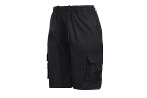 Detailed view of cargo shorts featuring elastic waistband and functional zipper pockets