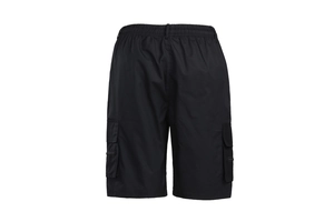 Back view of men's black cargo shorts featuring elastic waist and functional side pockets