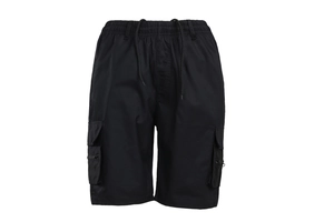 Detail view of cargo shorts with elastic drawstring waist and side zipper pockets