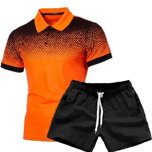 Men Casual Sports Outfit Gradient 3D Printed Short Sleeve Polo Shirt And Drawstring Shorts Summer Outdoor Wear Fashion Clothes