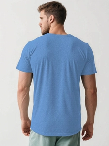 Rear view of a men's sky blue post-surgery recovery shirt with snap buttons back detail