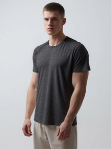 Detail of grey recovery shirt for men with snaps on raglan sleeves for post-surgery