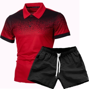 Men's sporty 2-piece set with red gradient dot print polo shirt and black casual shorts
