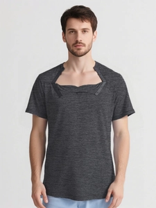 Detail view of heather grey adaptive recovery shirt with unique snap neck fasteners