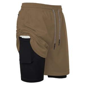 Detailansicht der 2-in-1 Laufshorts mit atmungsaktivem Mesh und versteckter Handytasche
