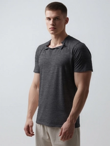 Detail of grey men's adaptive surgery recovery shirt with shoulder snaps for easy access