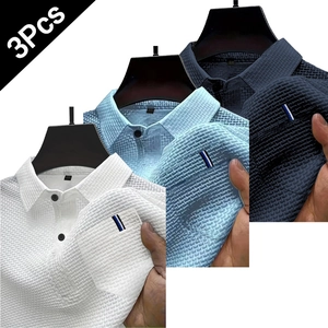 Confezione da tre polo premium da uomo in seta di ghiaccio bianca, blu e blu navy