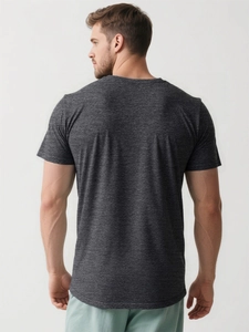 Back view of adaptive short sleeve post-surgery shirt in dark gray heather knit fabric