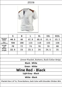 Detailed size chart for men's Henley shirt with measurements for S-XXXL sizes and colors