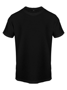Nahaufnahme der schwarzen Waffelstrick-Textur und L-Größenetikett am Rundhals-T-Shirt