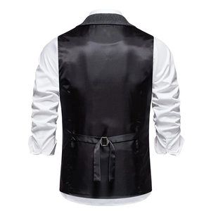 Macro shot of men's suit vest back with satin finish and adjustable metal buckle strap