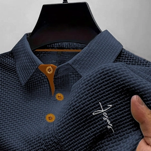 Men's navy ice silk mesh polo shirt with waffle texture and Jesus embroidery detail
