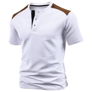 Detail of white waffle texture fabric and henley collar with contrast shoulder patch