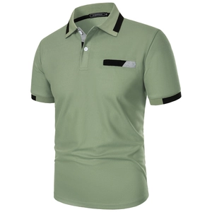 Detail of green piqué cotton polo shirt with contrast black and grey striped collar