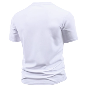 Detail view of the breathable honeycomb texture on white Henley short sleeve shirt back