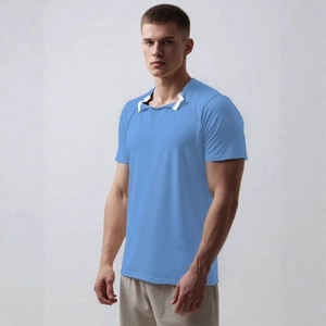 Light blue men's adaptive recovery shirt with snap buttons and square neckline