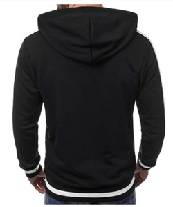 Detail view of men's black zip-up hoodie featuring white stripes on sleeves and ribbed cuffs