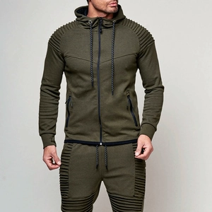Survêtement homme vert armée pour sport avec manches côtelées et fermeture éclair