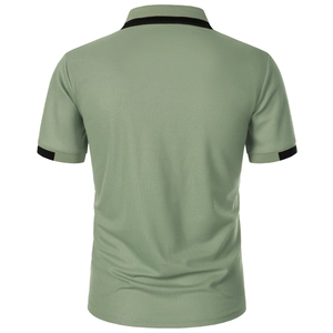 Detail of sage green pique polo shirt back showing black contrast stripes on collar