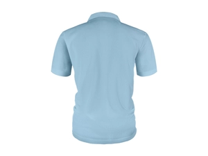 Vista posteriore della polo in maglia azzurra con trama a nido d'ape traspirante