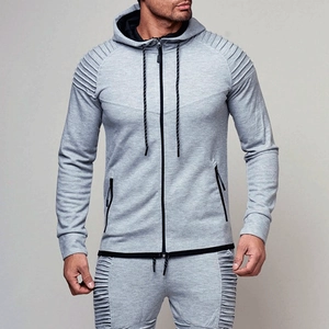 Survêtement de sport gris pour hommes avec coutures côtelées et veste à capuche zippée