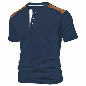 Detail of navy Henley shirt featuring white button placket and brown shoulder patches