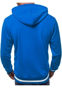 Rear view of blue zip-up hoodie featuring double white stripes on sleeves and hood