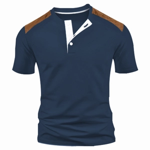 Detail of blue Henley shirt showing brown suede shoulder patch and buttoned collar neck