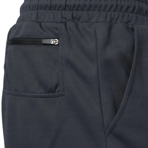 Detailansicht des elastischen Bundes und der Reißverschlusstasche der grauen Sporthose
