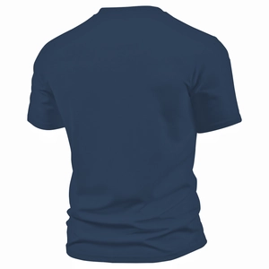 Detailed back view of navy blue short sleeve shirt showing breathable mesh fabric texture