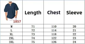 Size chart for men's cotton linen short sleeve shirt with lace-up V-neck detail