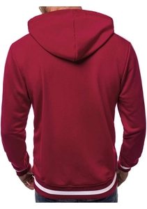 Back view of burgundy hooded sweatshirt with white contrast stripes on sleeves and hem