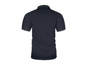 Vista posteriore dettagliata della polo da uomo blu scuro con texture a nido d'ape e polsini