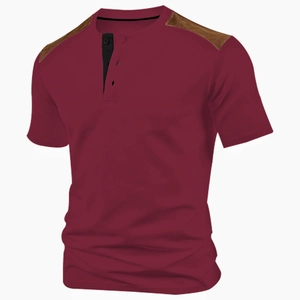 Detail of burgundy Henley shirt showing contrast black placket and brown suede shoulder patches
